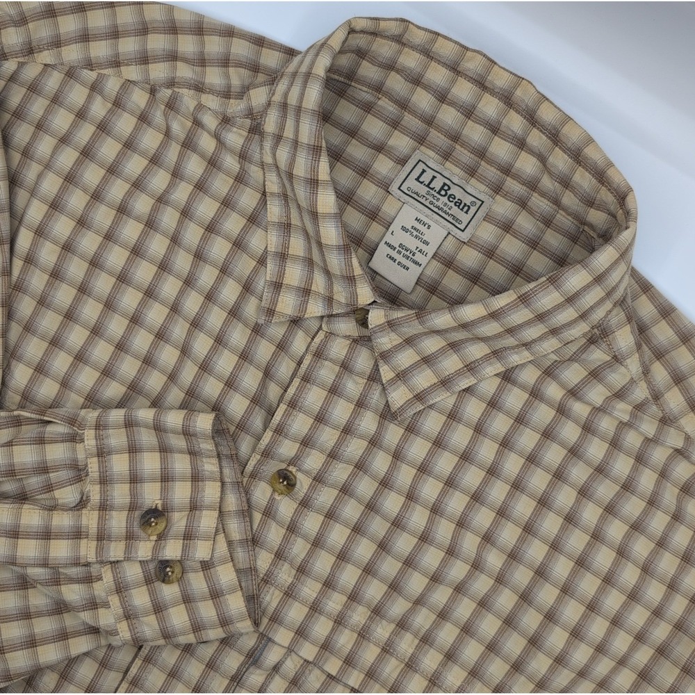 LL Bean Mens Large Tall Plaid Nylon Fishing Shirt Tan Brown Roll Tab